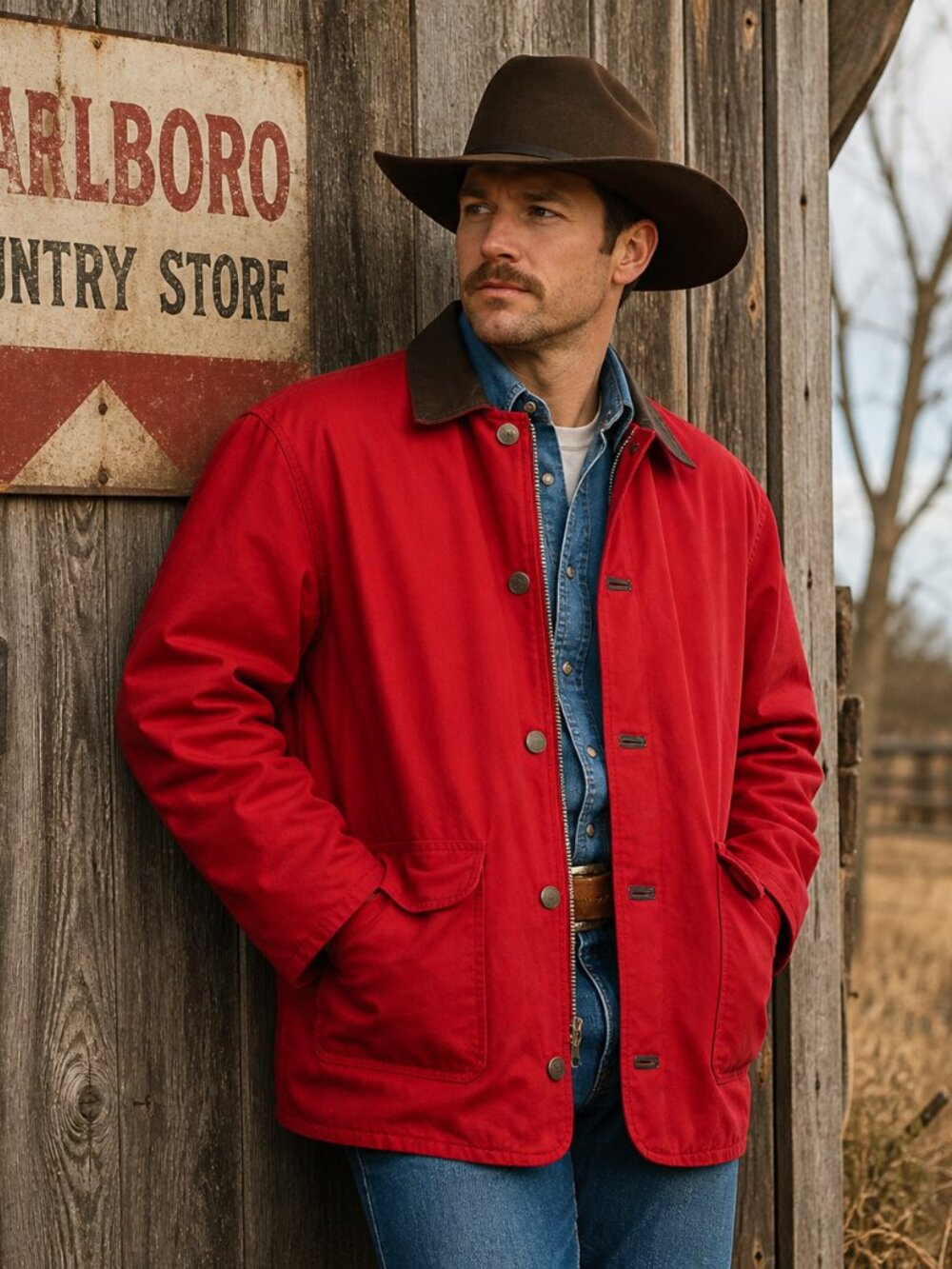 Vintage Marlboro Country Store Barn Jacket Size L Red Canvas Removable Liner